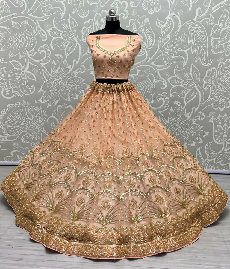 Jyoti Fashion Women's Peach Bridal Net Fancy Sequins with Multi Thread Embroidered & Handwork Wedding Lehenga Choli