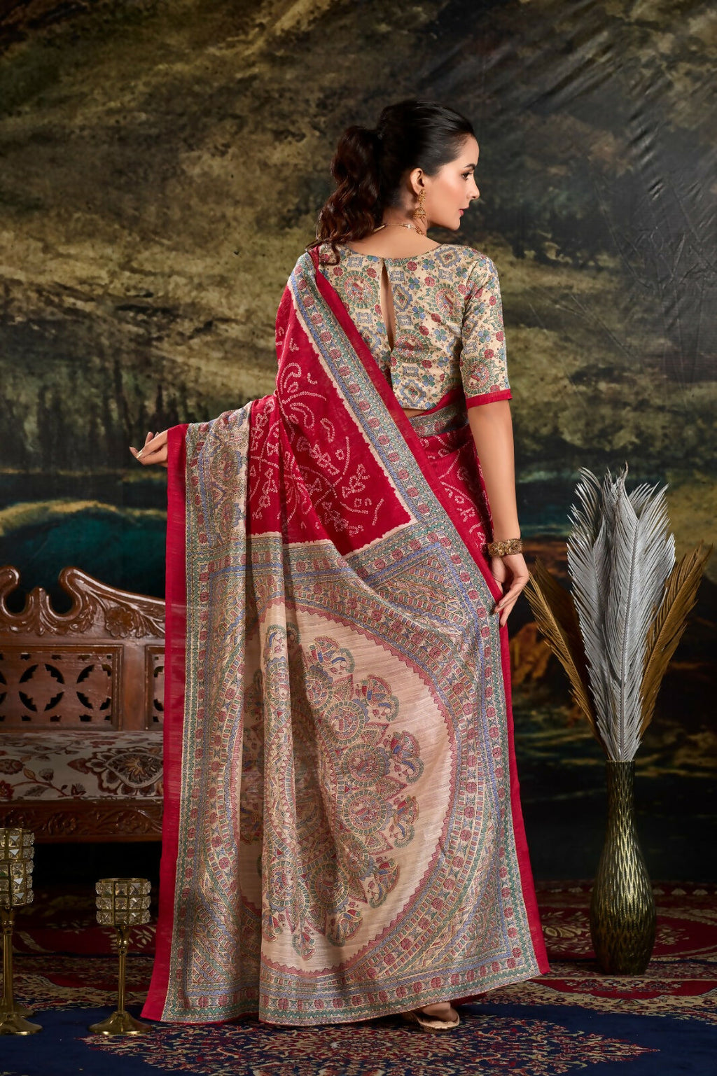 Vastranavya Maroon Silk Madhubani & Bandhej Fusion Print Saree with Unstitched Blouse