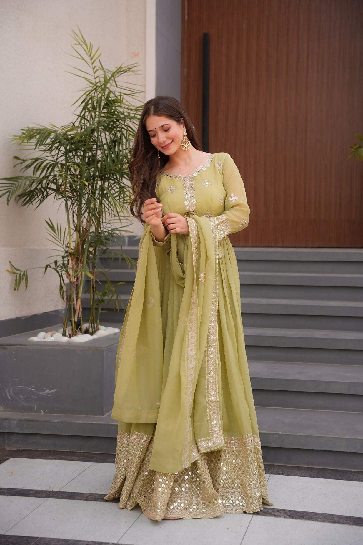 Teeya Creation Olive Color Crunchy Silk Wedding Wear Embroidery Work Long Gown - Distacart