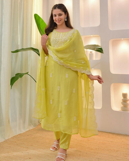The52 Lemons Women's Beautiful Chikankari Work Chanderi Fabric Straight Kurta Pant and Dupatta Set