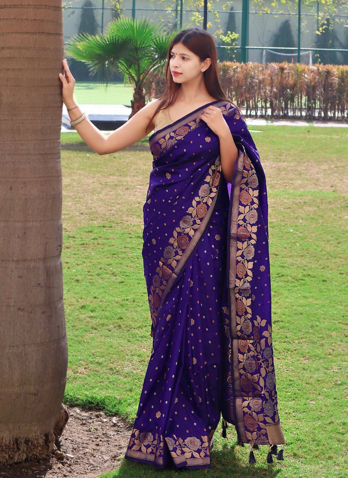 DEIANA'S Beautiful Designer Golden zari Soft Lichi Silk Saree - Purple