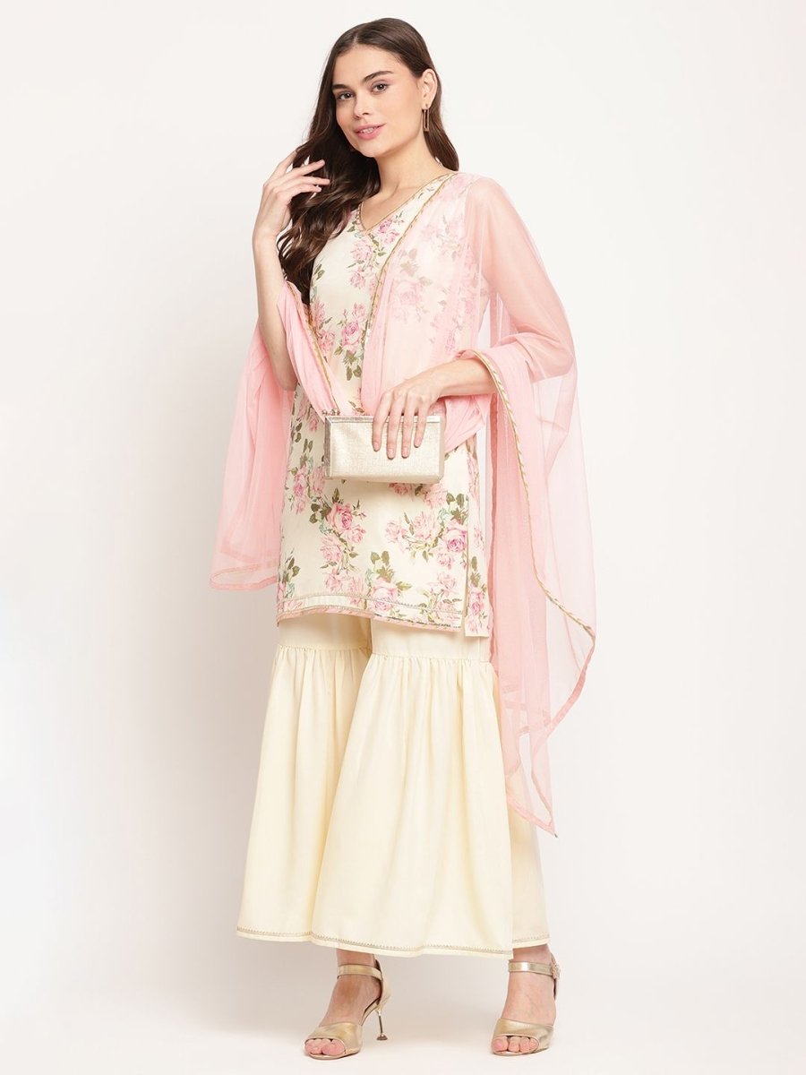 Ahalyaa Women's Beige Crepe Digital Floral Print Kurta Sharara Set with Dupatta - Distacart