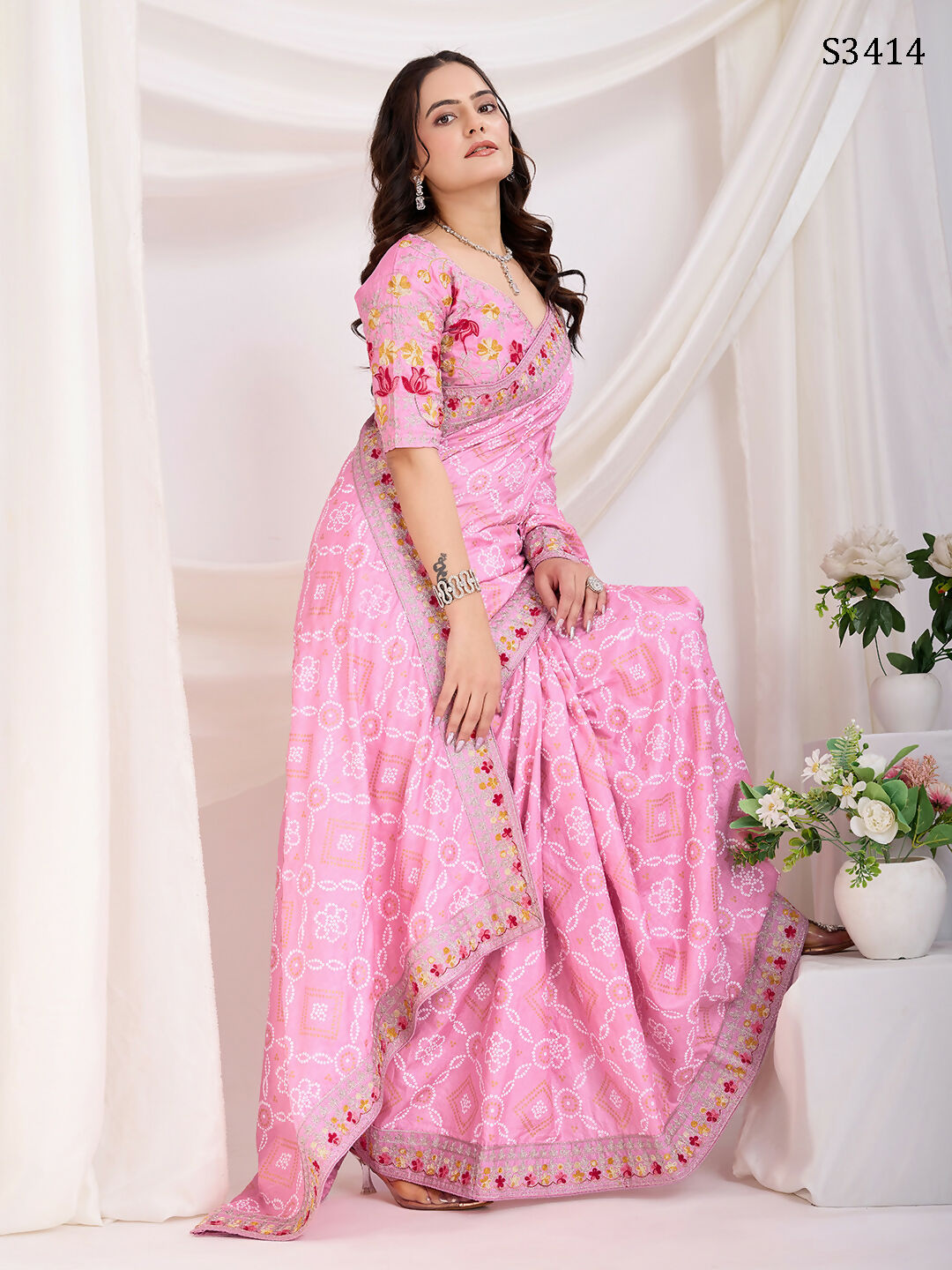 Pink Vichitra Silk Bandhani Printed, Embroidery Work Saree - Ditya