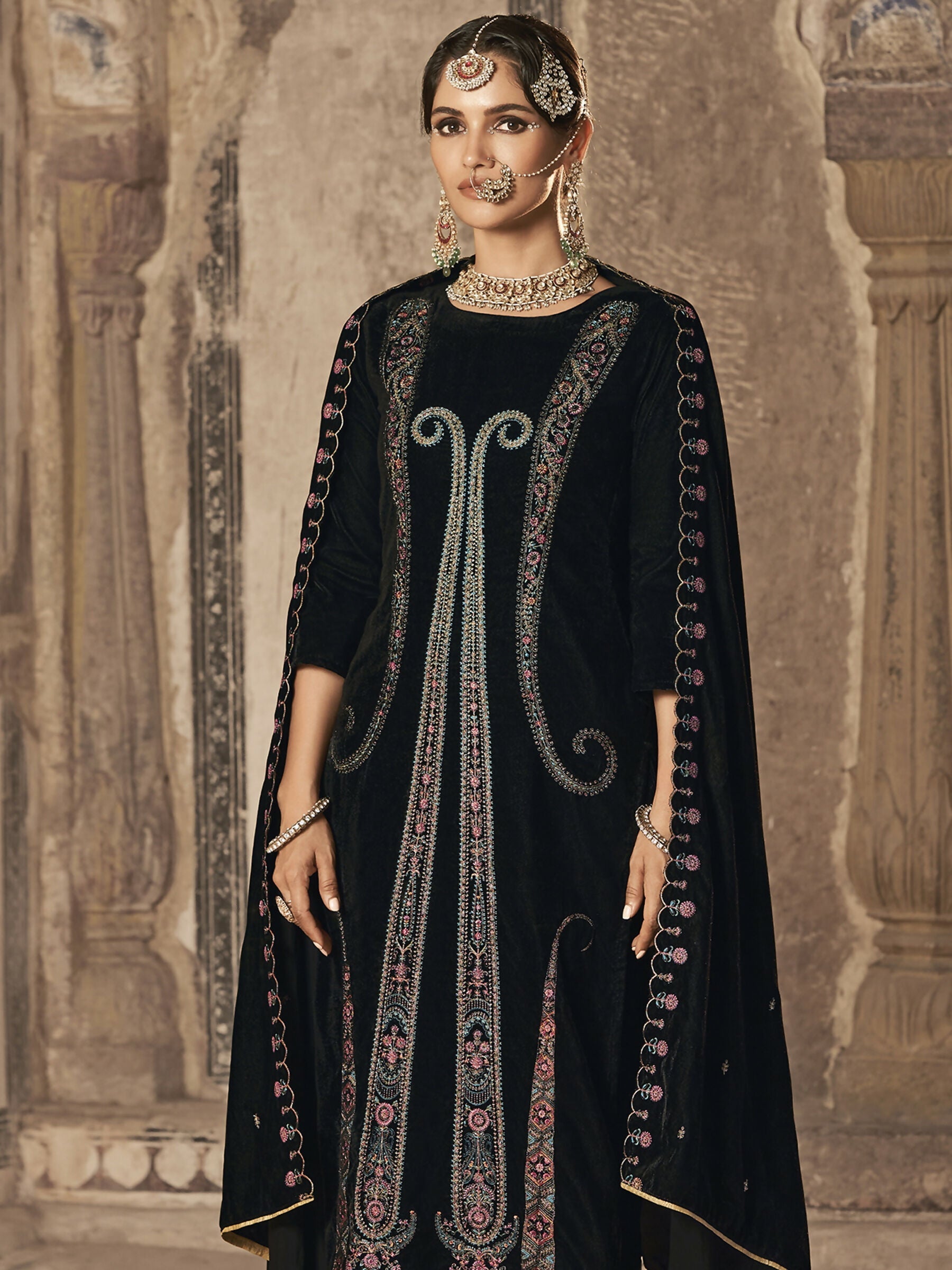 Jyoti Fashion Women's Black Velvet Floral Resham Thread with Jari work Kurta with Trouser & Dupatta