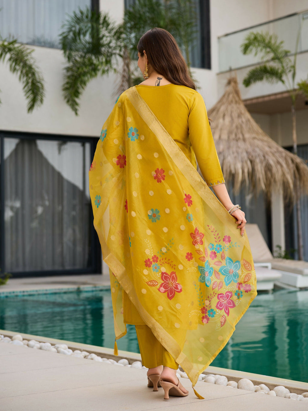 The52 Yellow Women's Gorgeous Embroidered work Viscose Gadhwal Fabric Straight Kurta, Pant and Dupatta Set - Distacart