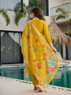 The52 Yellow Women's Gorgeous Embroidered work Viscose Gadhwal Fabric Straight Kurta, Pant and Dupatta Set - Distacart
