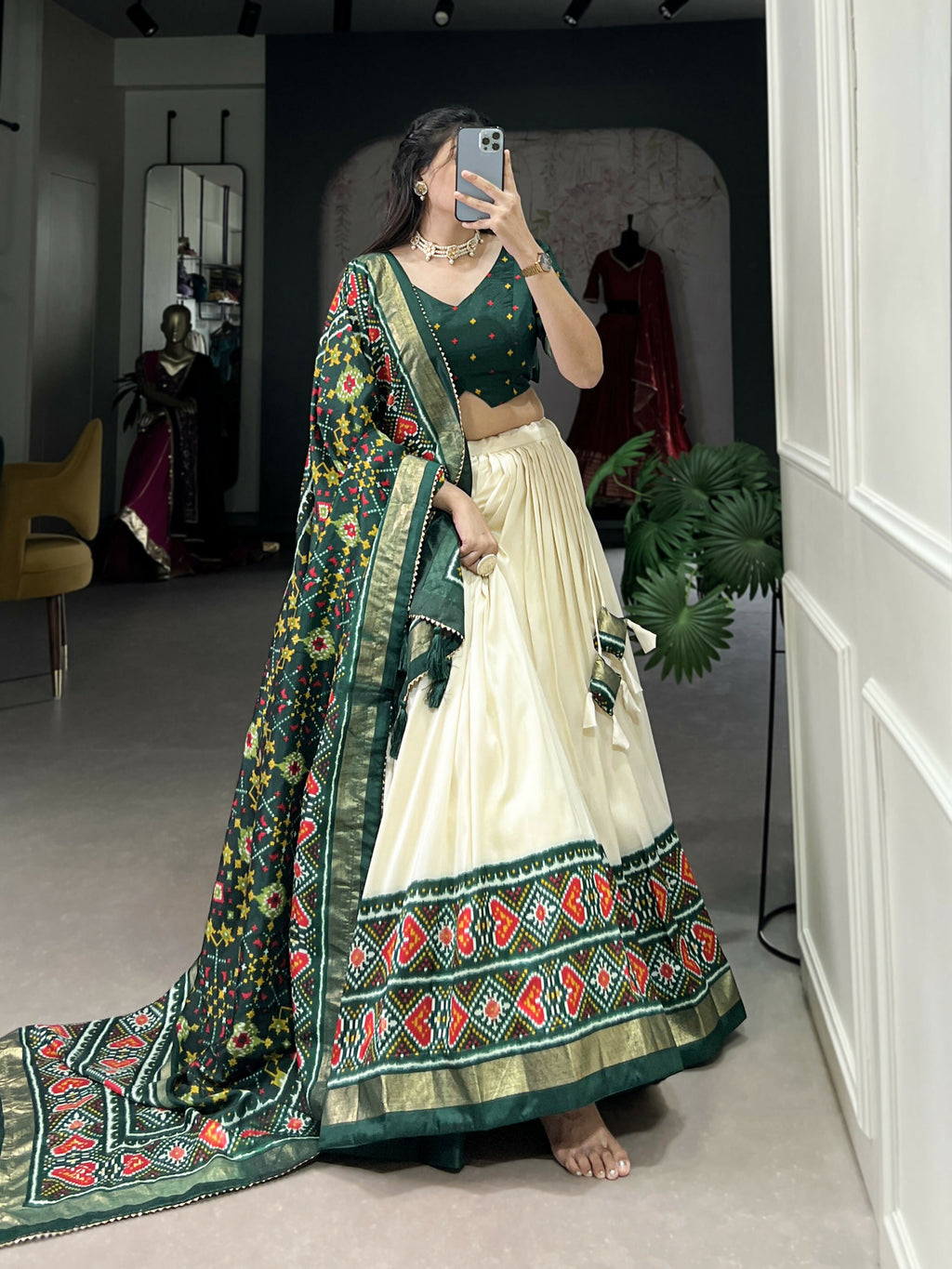 Lorenvalley Offwhite and Green Tussar Silk Patola Print Lehenga Choli