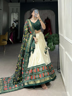 Lorenvalley Offwhite and Green Tussar Silk Patola Print Lehenga Choli