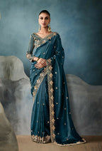 Monjolika Fashion Teal Tissue Embroidered Sequins And Zari Work Saree - Distacart