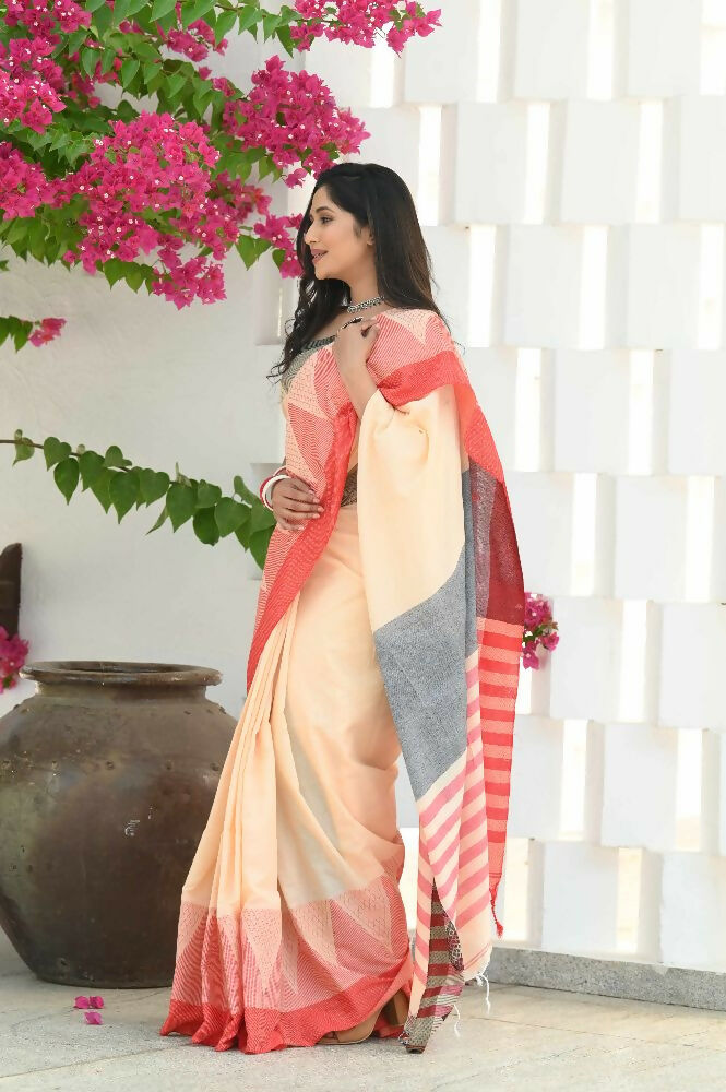 Beatitude Cream Temple Border Cotton Saree