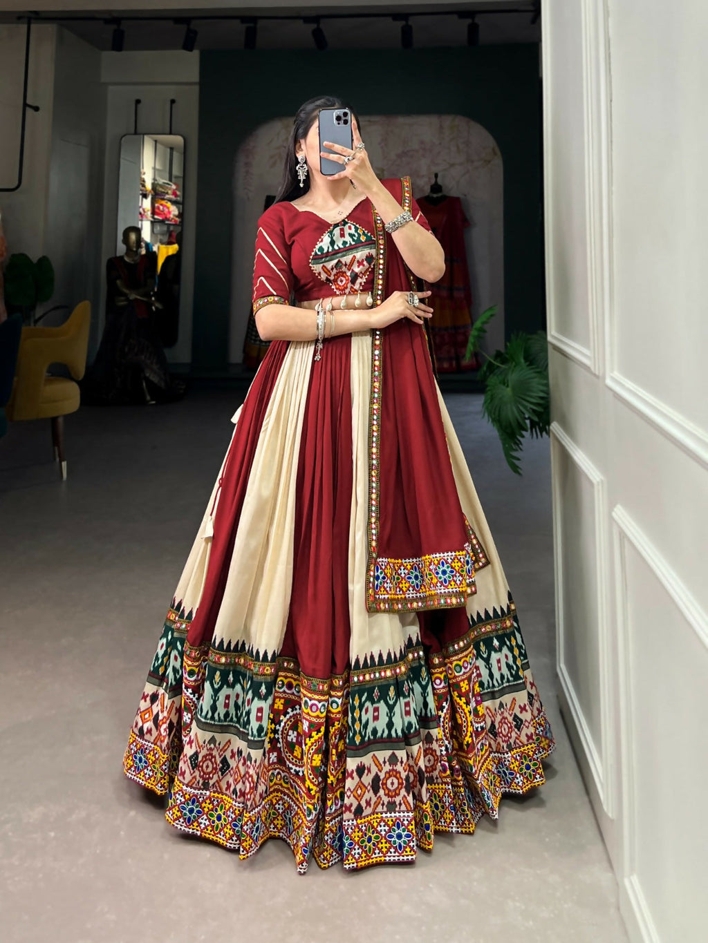 Vastranavya Navaratri Special Rayon with Printed Patch With Gota Patti And Paper Mirror Work And Cowrie (Kodi) Lace Touch Up Lehenga with Stitched Blouse - Off White