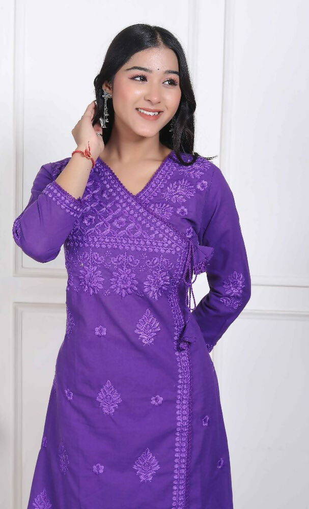 Miravan Womens Purple Floral Printed Angrakha Style Kurta With Palazzo - Distacart