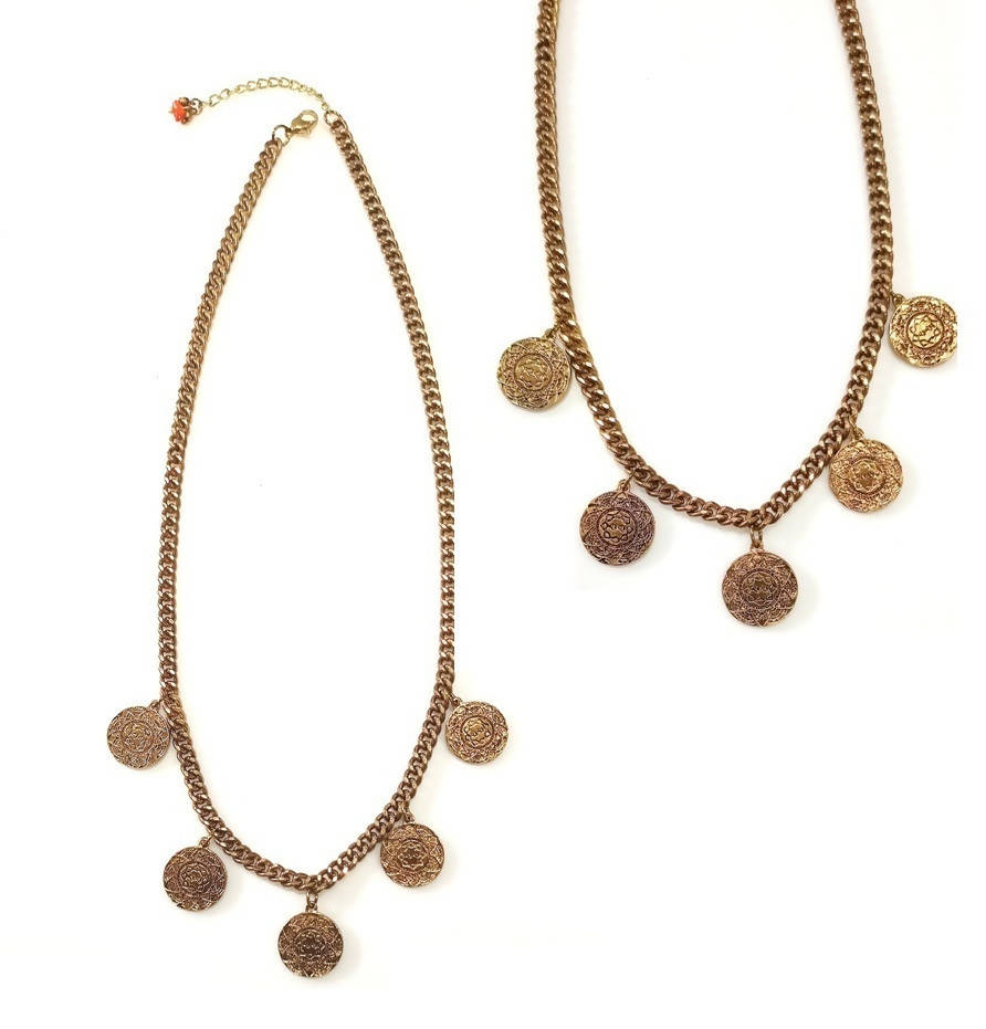 Bling Accessories Antique Brass Finish Brass Metal 5 Coins Charm Necklace