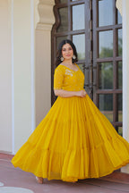 Joban Fashion Yellow Georgette Sequence Embroidery Work Gown - Distacart