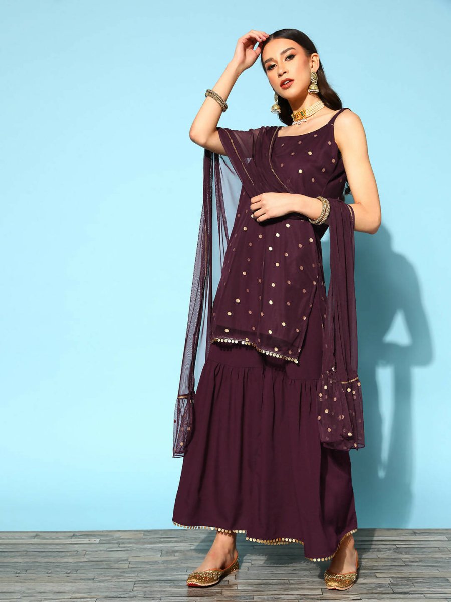 Ahalyaa Women Wine Colour Crepe Gold Printed Kurta Sharara Set - Distacart