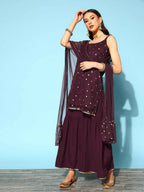 Ahalyaa Women Wine Colour Crepe Gold Printed Kurta Sharara Set - Distacart