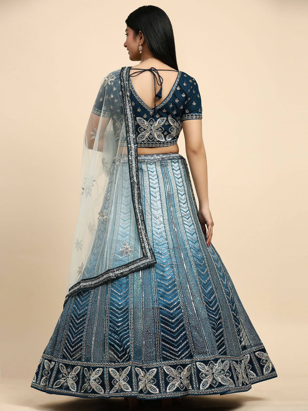 Blue Fancy Net Sequence Embroidered Lehenga Choli with Dupatta - Dhara