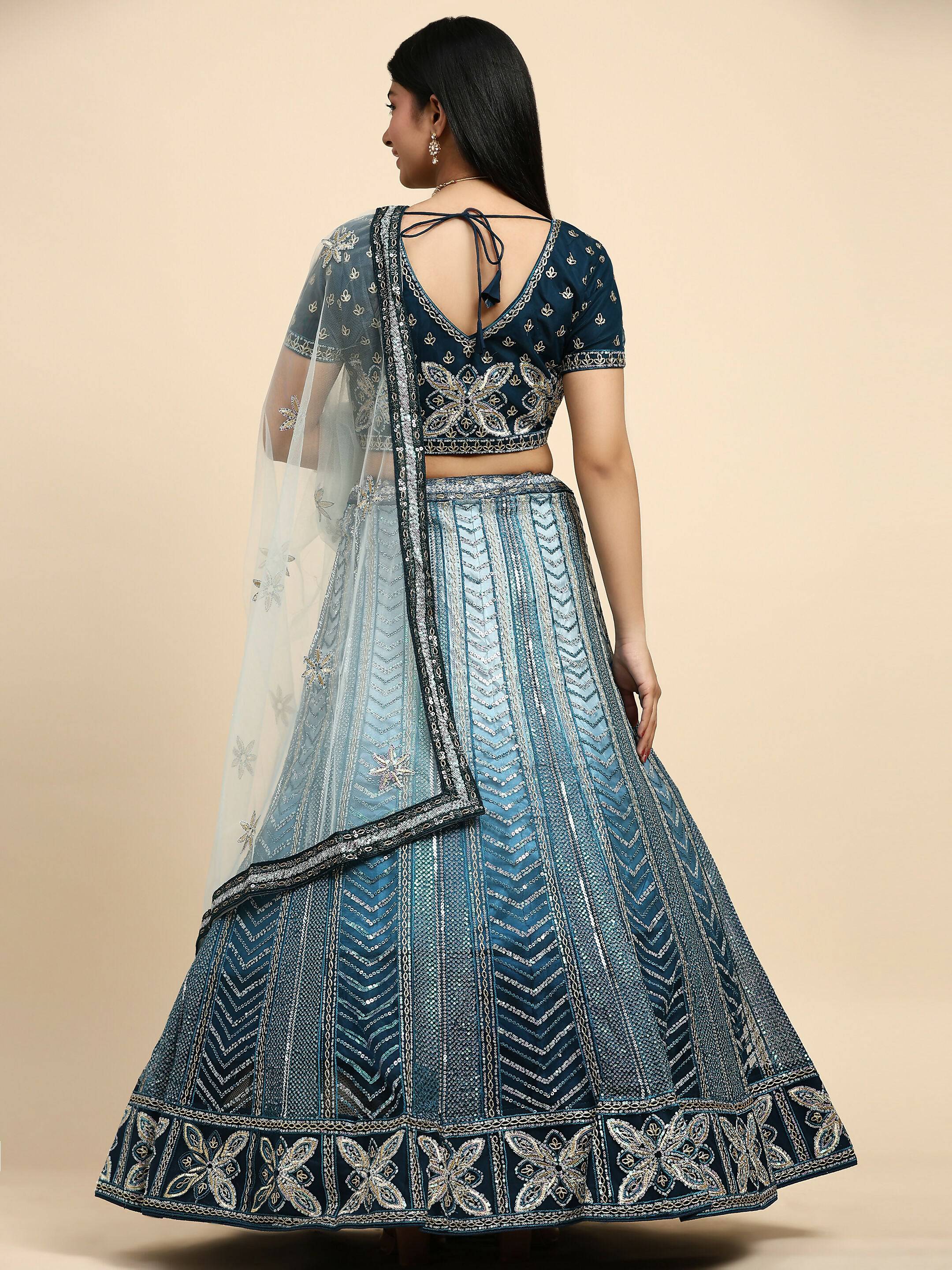 Blue Fancy Net Sequence Embroidered Lehenga Choli with Dupatta - Dhara