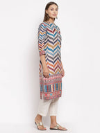 Myshka Women's Multi Silk Printed 3/4 Sleeve Round Neck Casual Kurta