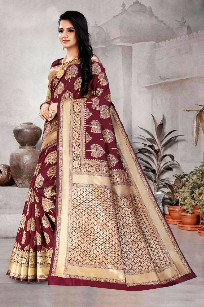 DEIANA'S Beautiful Designer Golden zari Soft Lichi Silk Saree - Maroon
