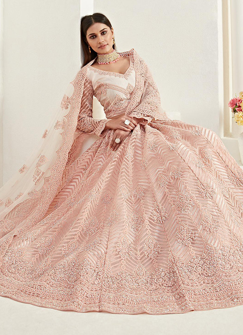Vegaa Fashion Peach Net Embroidered Wedding Lehenga
