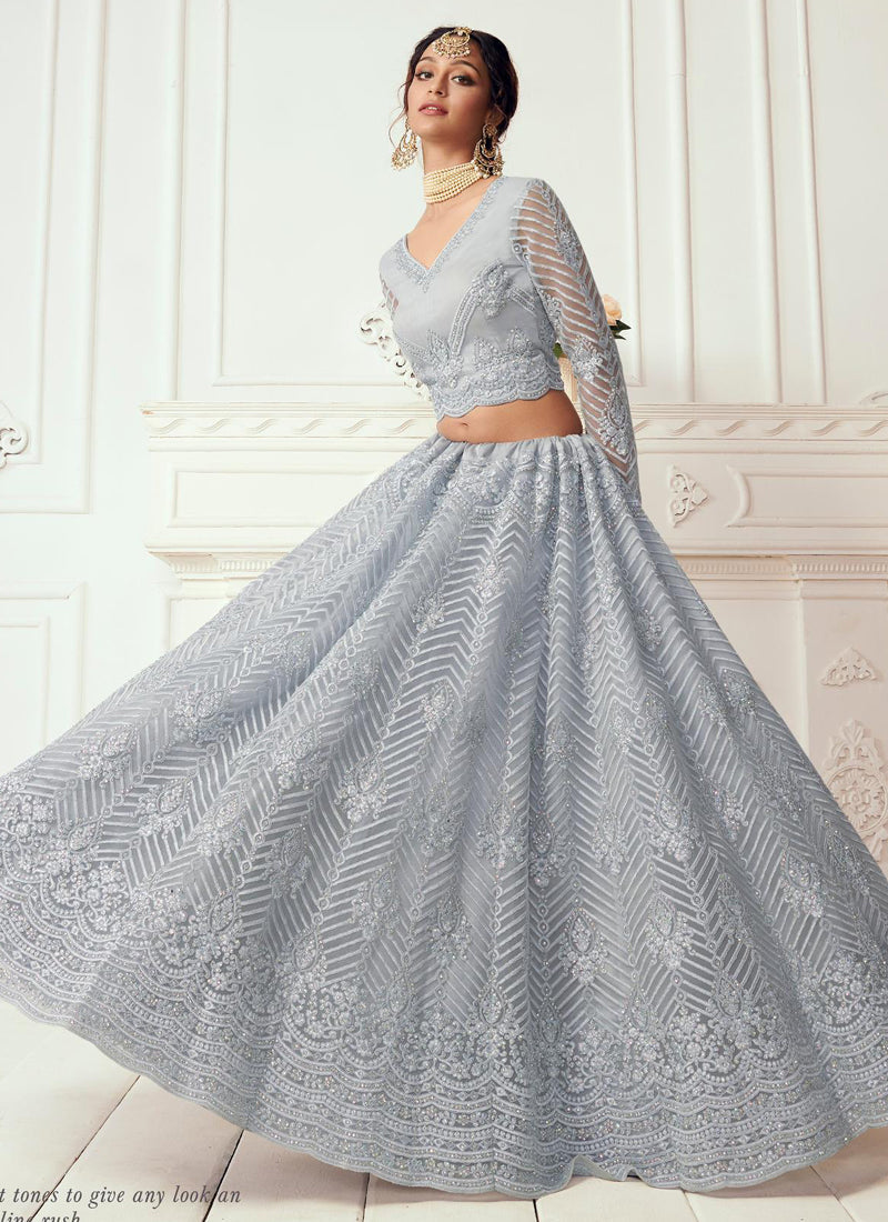 Vegaa Fashion Light Grey Net Embroidered Wedding Lehenga