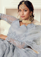 Vegaa Fashion Light Grey Net Embroidered Wedding Lehenga