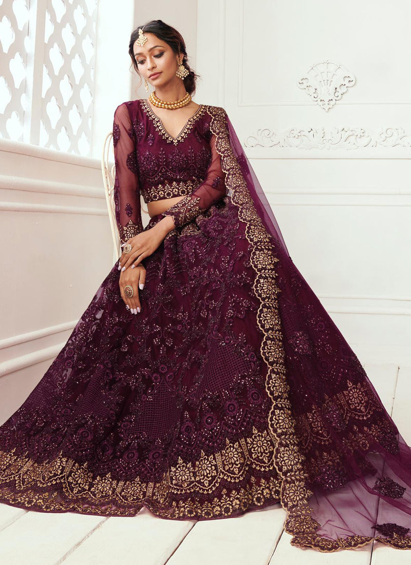 Vegaa Fashion Wine Net Embroidered Wedding Lehenga