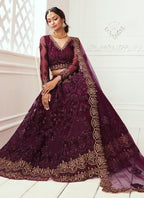 Vegaa Fashion Wine Net Embroidered Wedding Lehenga