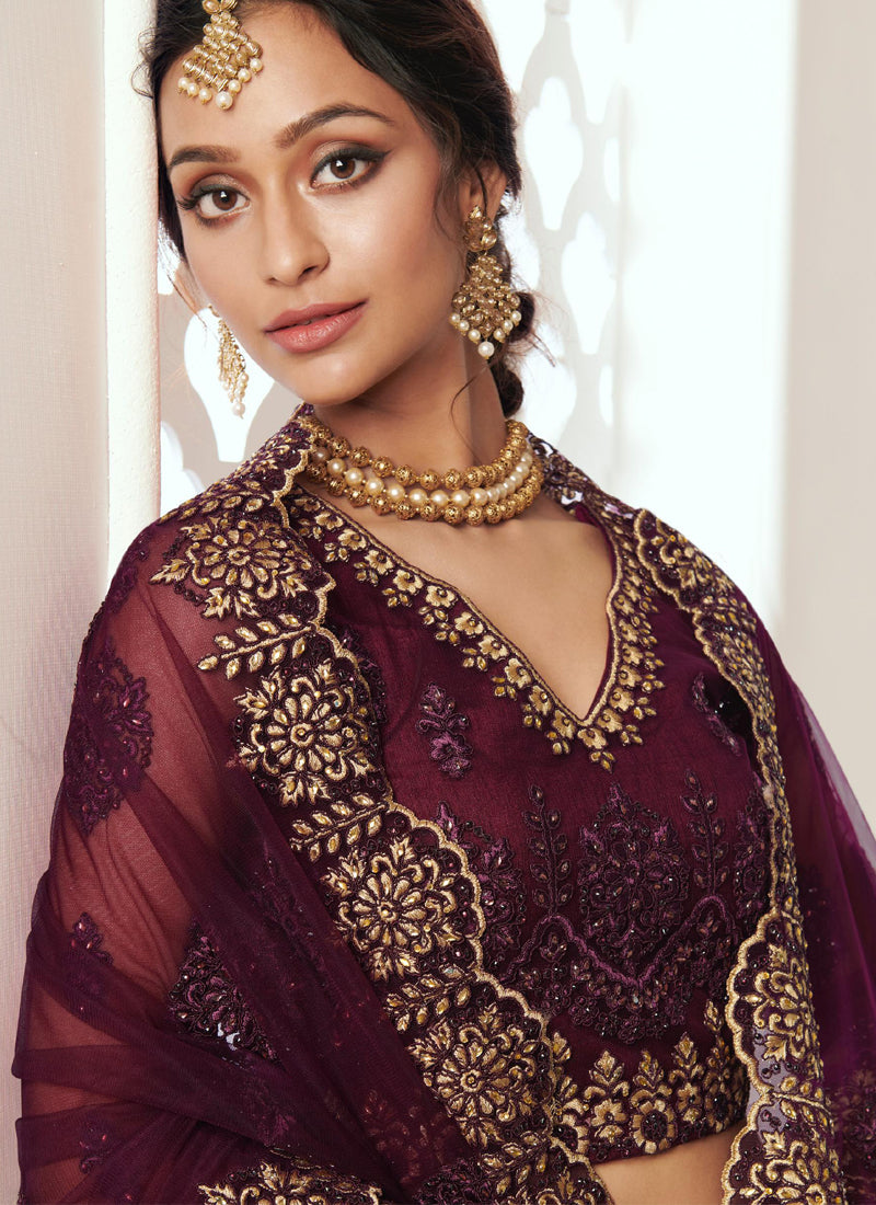 Vegaa Fashion Wine Net Embroidered Wedding Lehenga