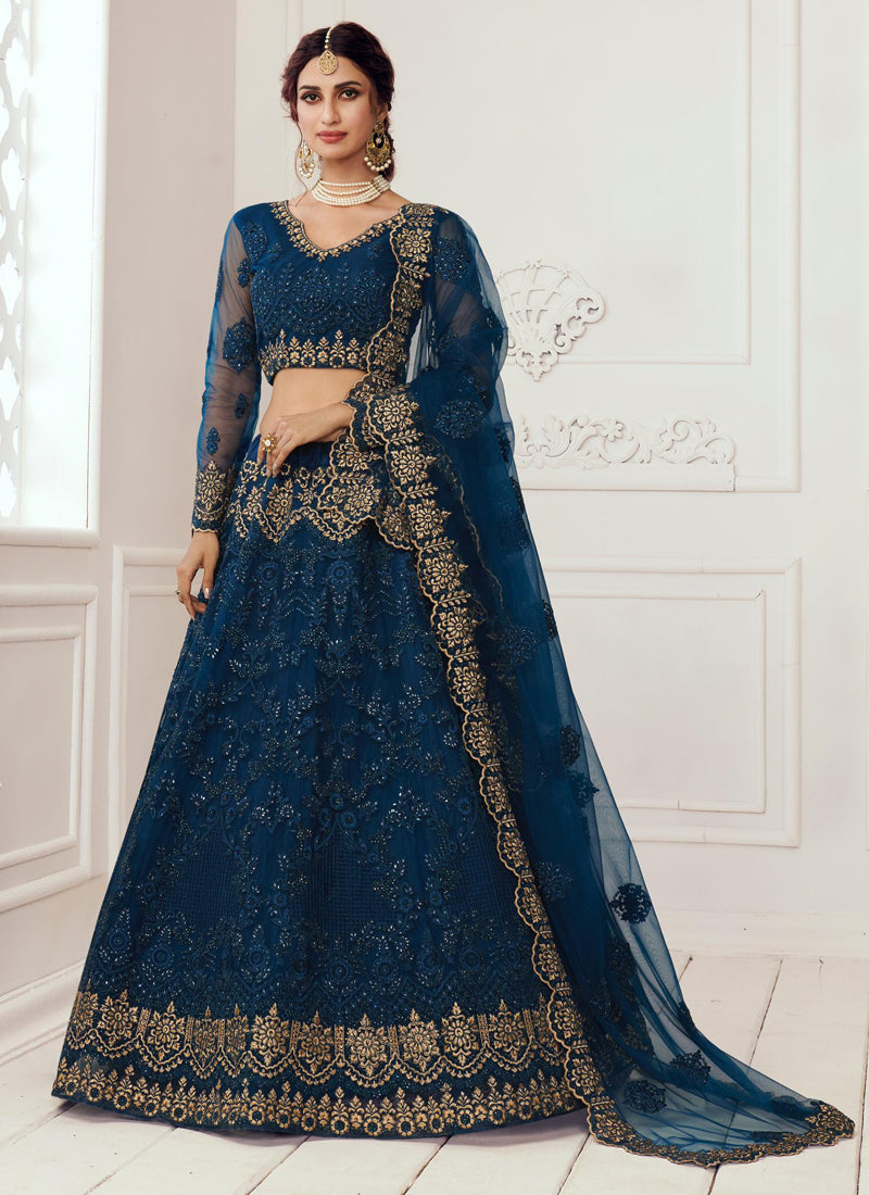 Vegaa Fashion Blue Net Embroidered Wedding Lehenga
