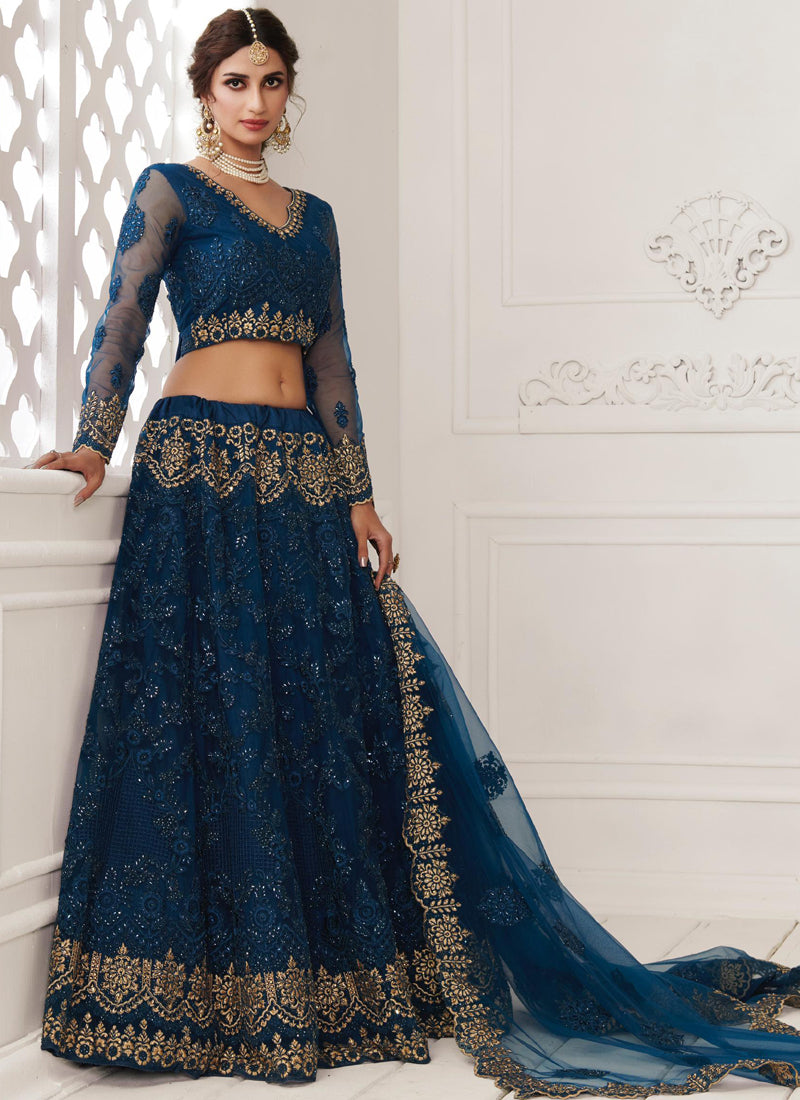 Vegaa Fashion Blue Net Embroidered Wedding Lehenga