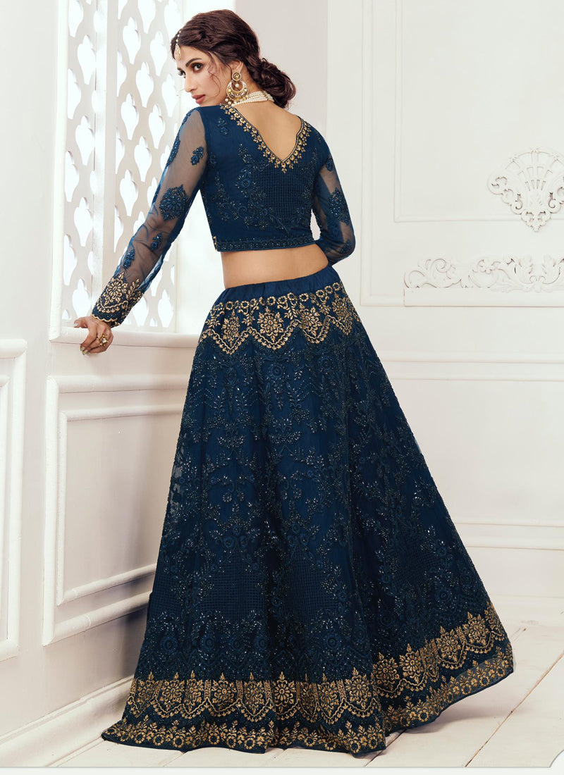 Vegaa Fashion Blue Net Embroidered Wedding Lehenga