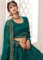 Vegaa Fashion Teal Green Net Embroidered Wedding Lehenga