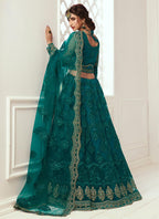 Vegaa Fashion Teal Green Net Embroidered Wedding Lehenga