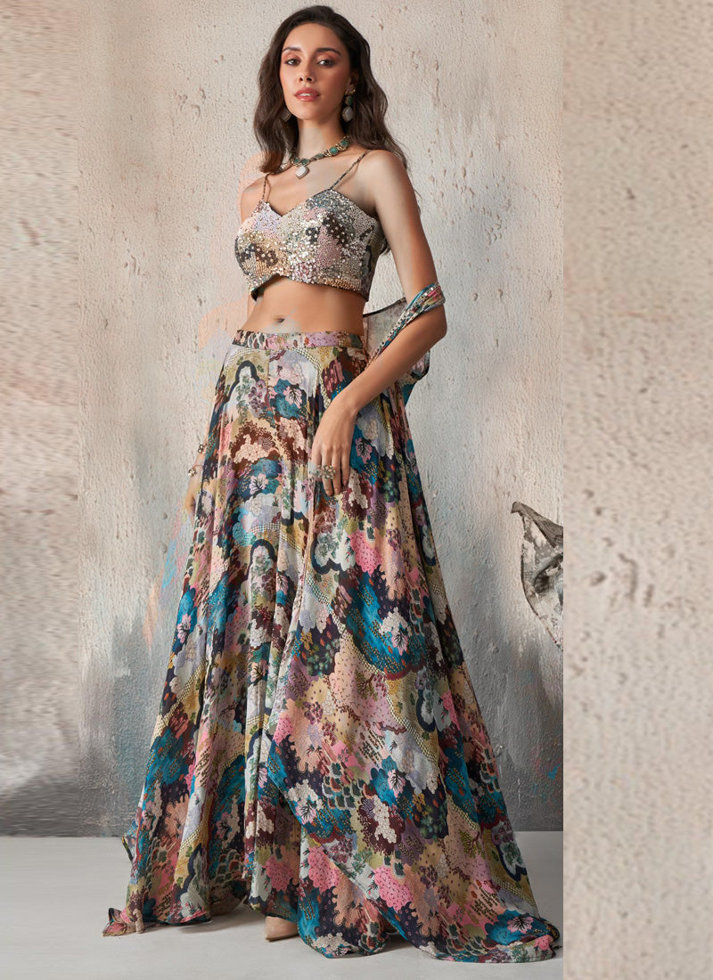 Vegaa Fashion Blue Chinon Western Plazzo Style Lehenga