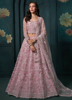Vegaa Fashion Dusty Pink Net Embroidered Wedding Lehenga