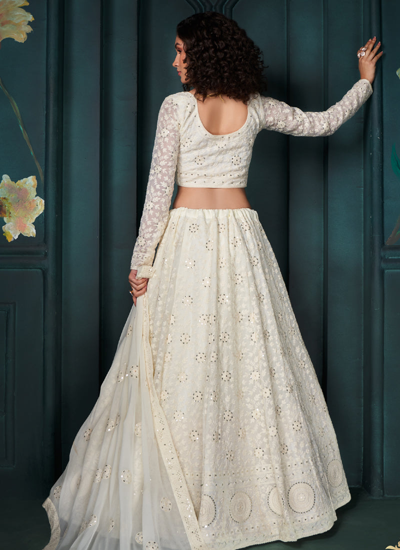 Vegaa Fashion Off White Georgette Embroidered Wedding Lehenga