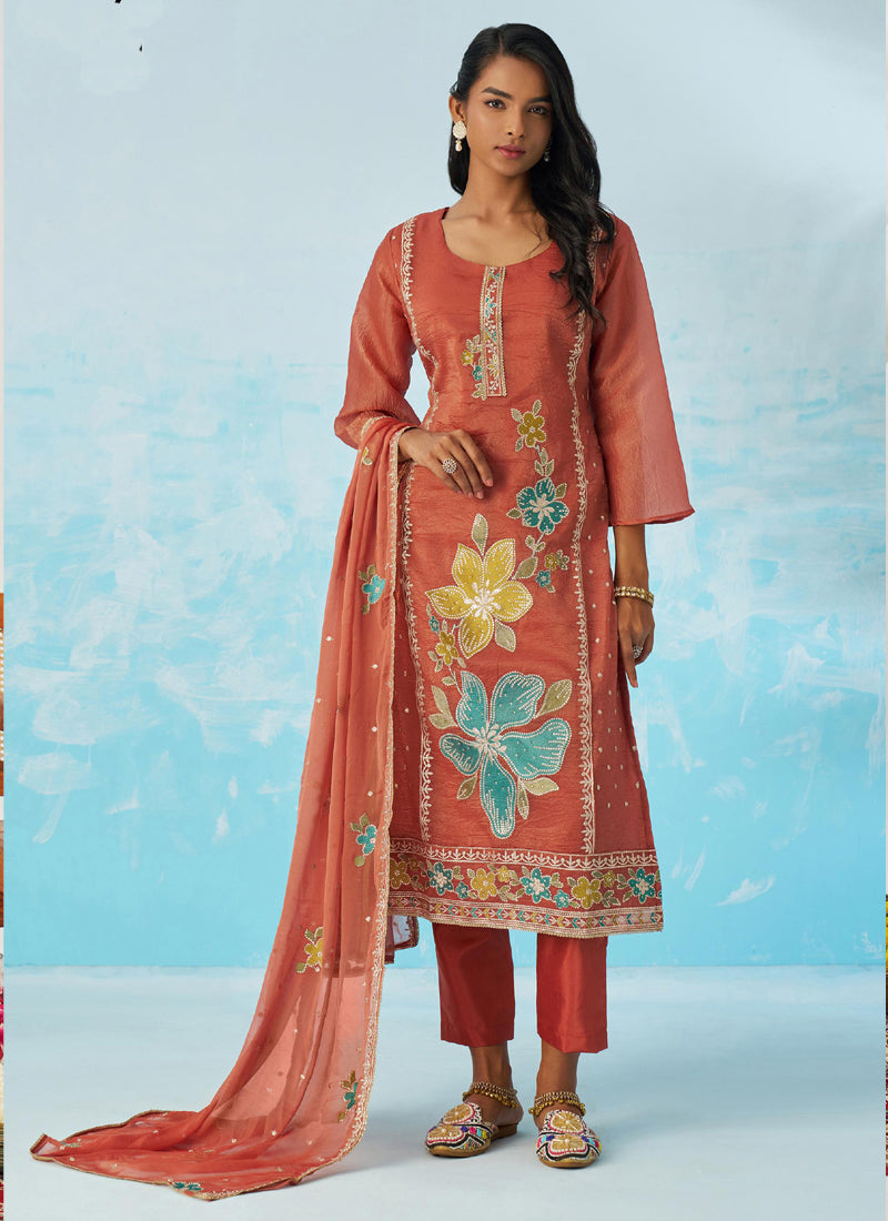 Vegaa Fashion Red Organza Embroidered Party Wear Suit - Distacart