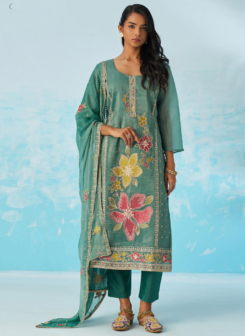 Vegaa Fashion Turquoise Organza Embroidered Party Wear Suit - Distacart