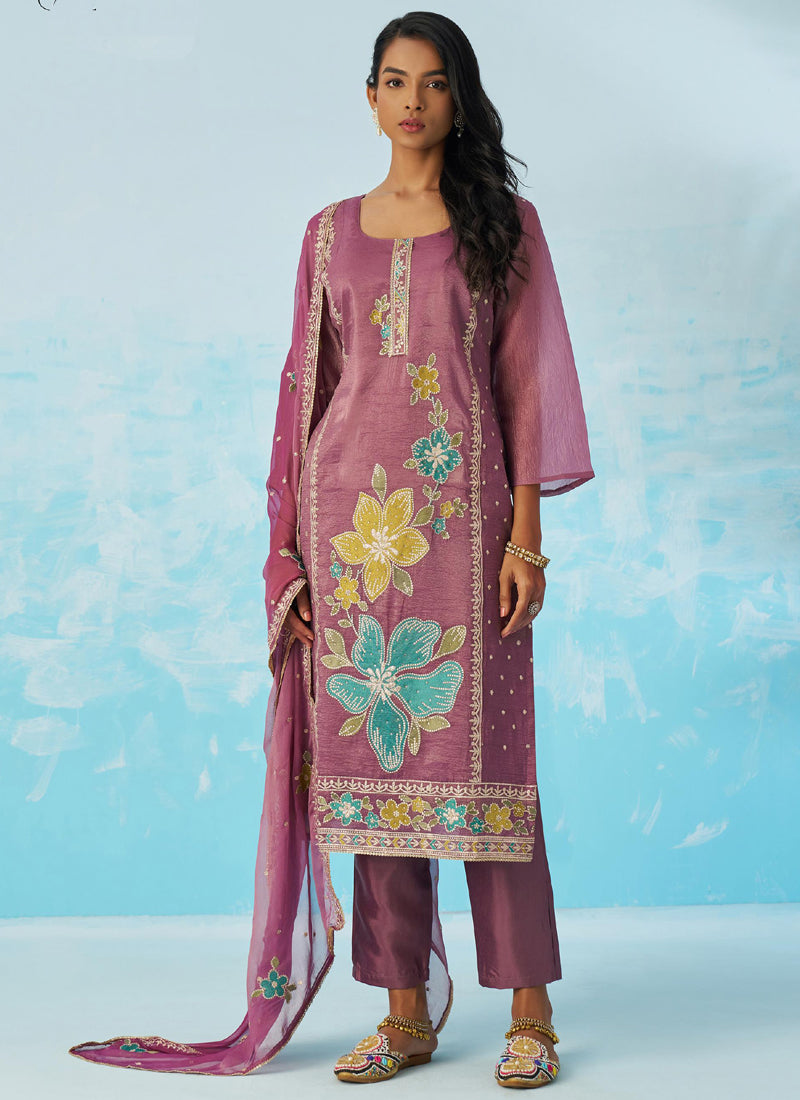 Vegaa Fashion Lavender Organza Embroidered Party Wear Suit - Distacart