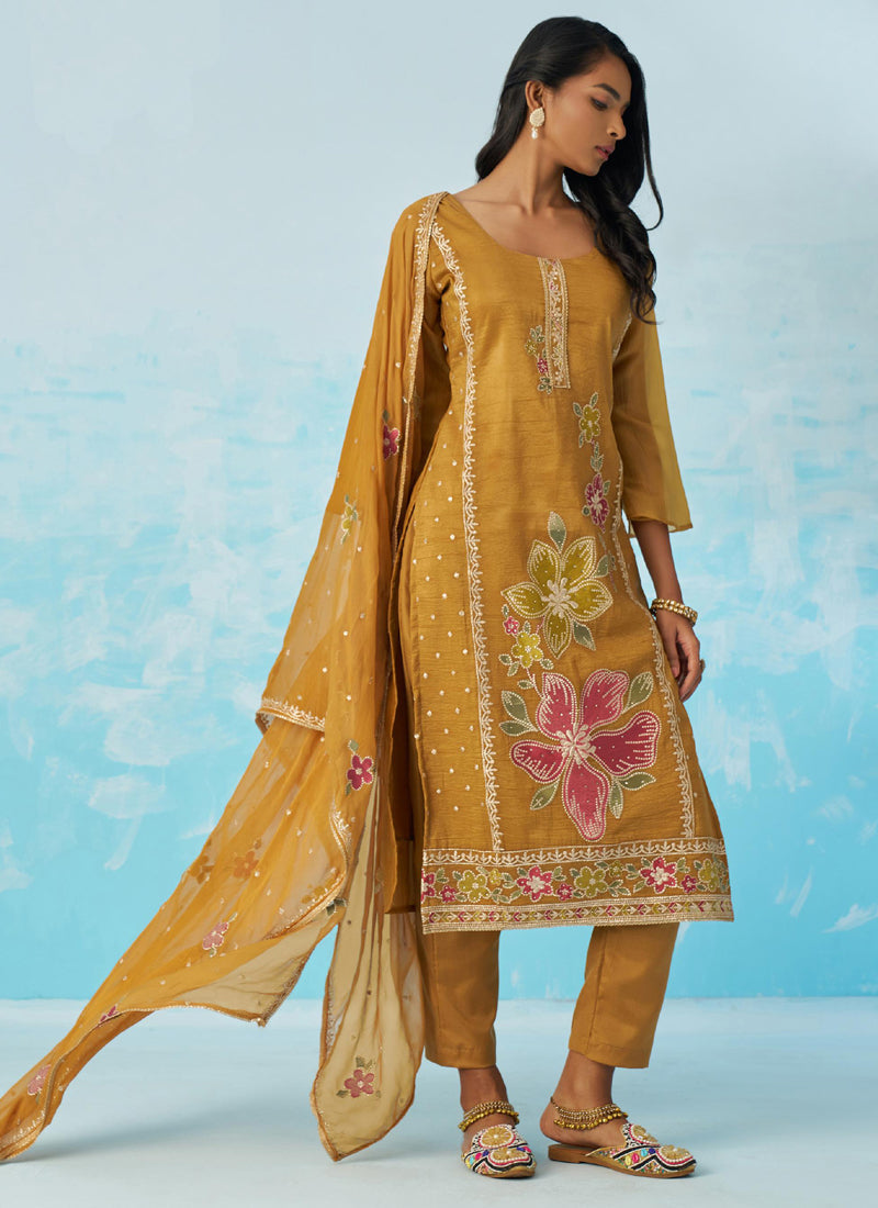 Vegaa Fashion Mustard Organza Embroidered Party Wear Suit - Distacart
