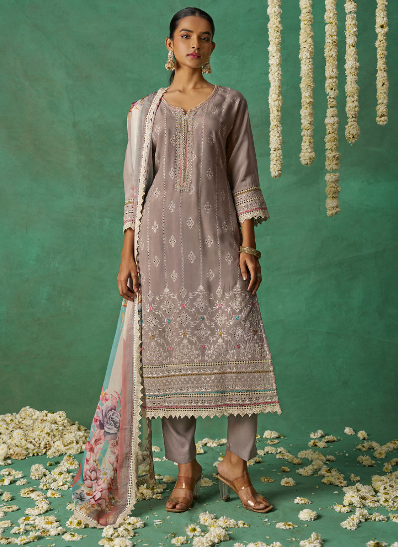 Vegaa Fashion Beige Pure Organza Embroidered Wedding Wear Suit - Distacart
