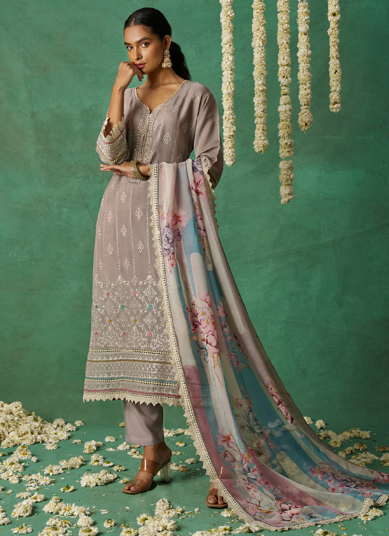 Vegaa Fashion Beige Pure Organza Embroidered Wedding Wear Suit - Distacart
