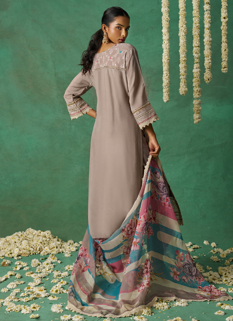 Vegaa Fashion Beige Pure Organza Embroidered Wedding Wear Suit - Distacart