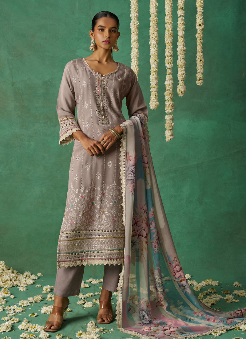 Vegaa Fashion Beige Pure Organza Embroidered Wedding Wear Suit - Distacart