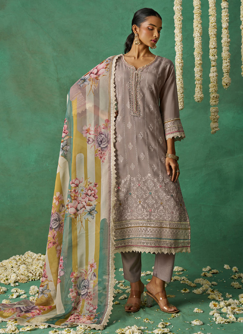 Vegaa Fashion Beige Pure Organza Embroidered Wedding Wear Suit - Distacart
