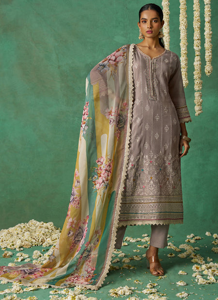 Vegaa Fashion Beige Pure Organza Embroidered Wedding Wear Suit