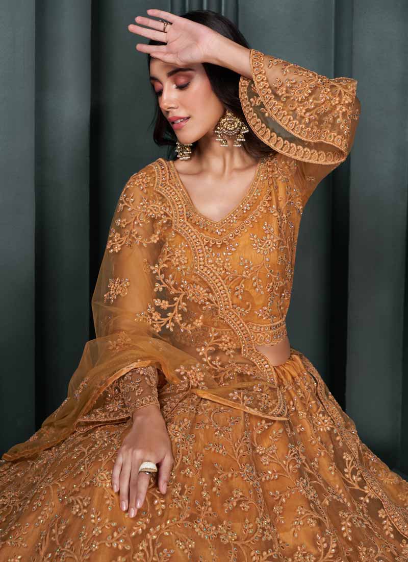 Vegaa Fashion Designer Orange Net Embroidery Bridal Lehenga