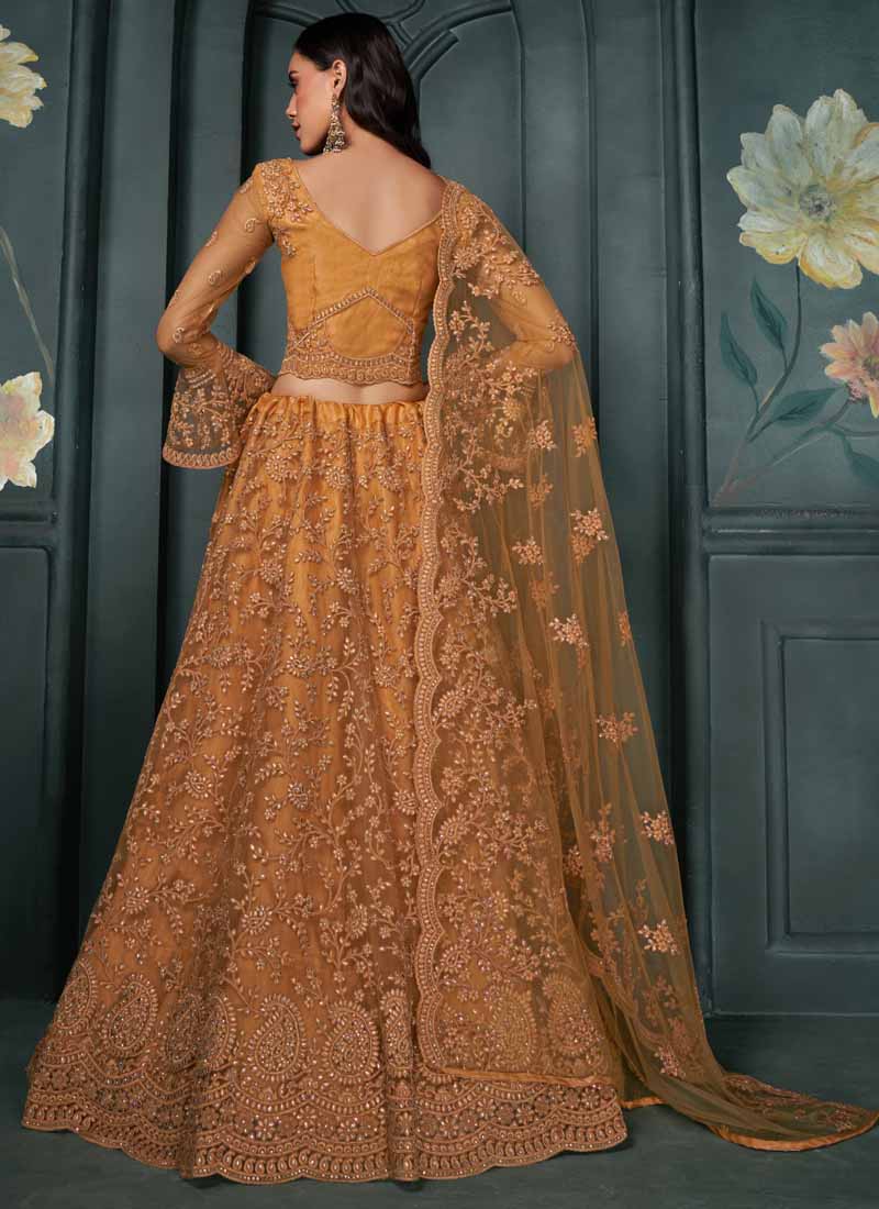 Vegaa Fashion Designer Orange Net Embroidery Bridal Lehenga